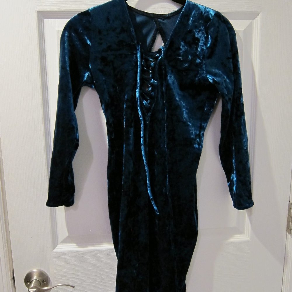 Blackmilk Teal Crushed Velvet Tied Up Long Sleeve Dress